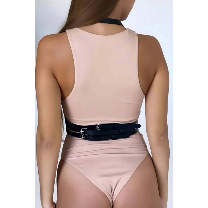 Göğüs Detaylı Boyundan Ve Belden Bağlamalı Fantezi Deri Harness - Brf760