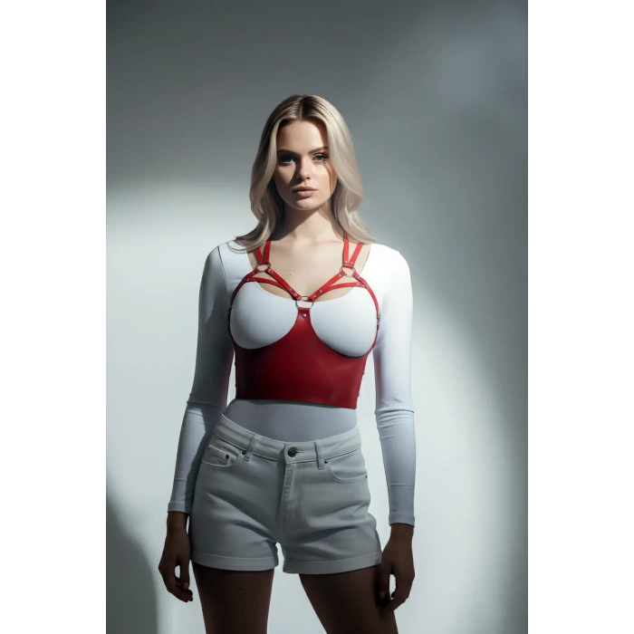 Göğüs Detaylı Deri Kırmız Harness Büstiyer, Şık Deri Korse - Brf872