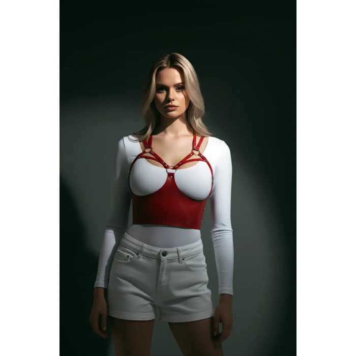 Göğüs Detaylı Deri Kırmız Harness Büstiyer, Şık Deri Korse - Brf872