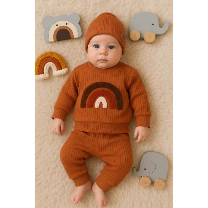 Gökkuşağı Nakışlı 2li % 100 Pamuk Erkek Bebek Takımı