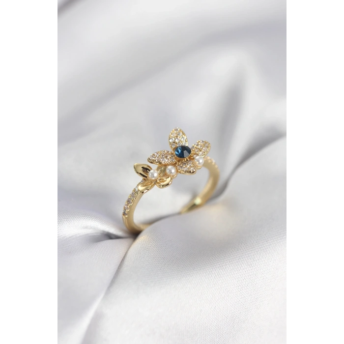 Gold Renk Çiçek Model Zirkon Taşlı Kadın Yüzük - TJ-BYK3983