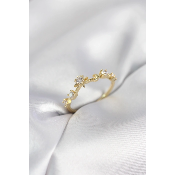 Gold Renk Gece Temalı Zirkon Taşlı Kadın Yüzük - TJ-BYK4111