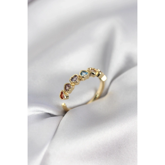 Gold Renk Kalp Model Renkli Zirkon Taşlı Kadın Yüzük - TJ-BYK3963