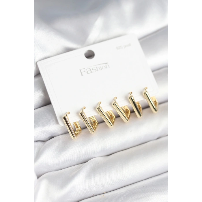 Gold Renk Kare Model Pirinç 925 Ayar Gümüş Çivili Kadın Küpe Seti - TJ-BKP11274