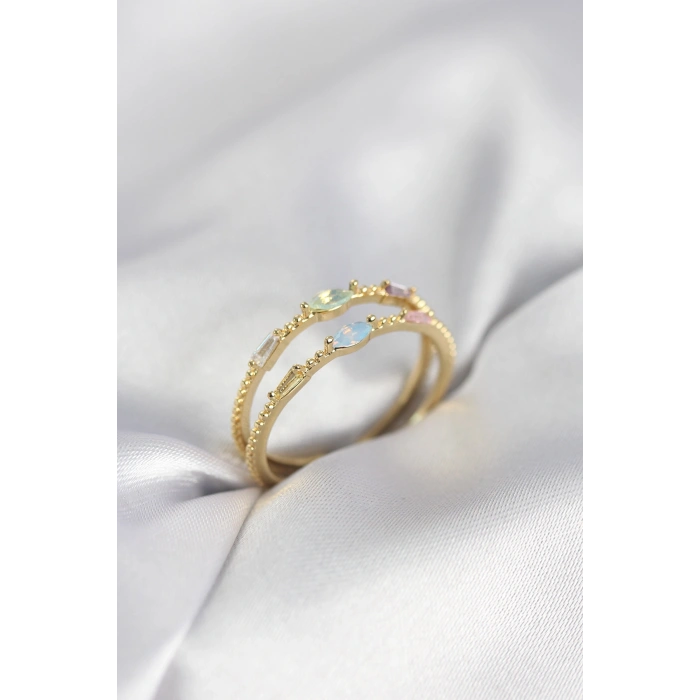 Gold Renk Karışık Renk Zirkon Taşlı Kadın Yüzük - TJ-BYK4020