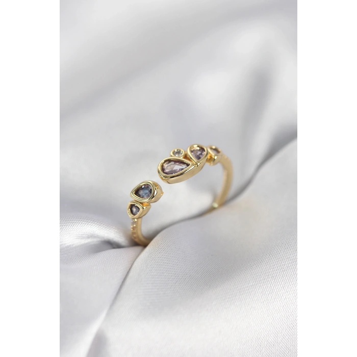 Gold Renk Mor Damla Zirkon Taşlı Kadın Yüzük - TJ-BYK4018