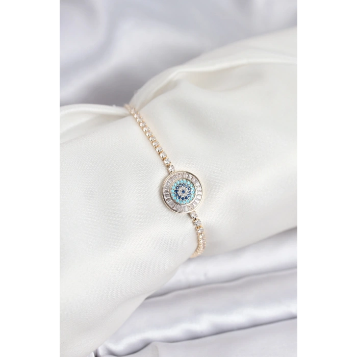 Gold Renk Nazar Model Zirkon Taşlı Asansörlü Su Yolu Bileklik - TJ-BB8238