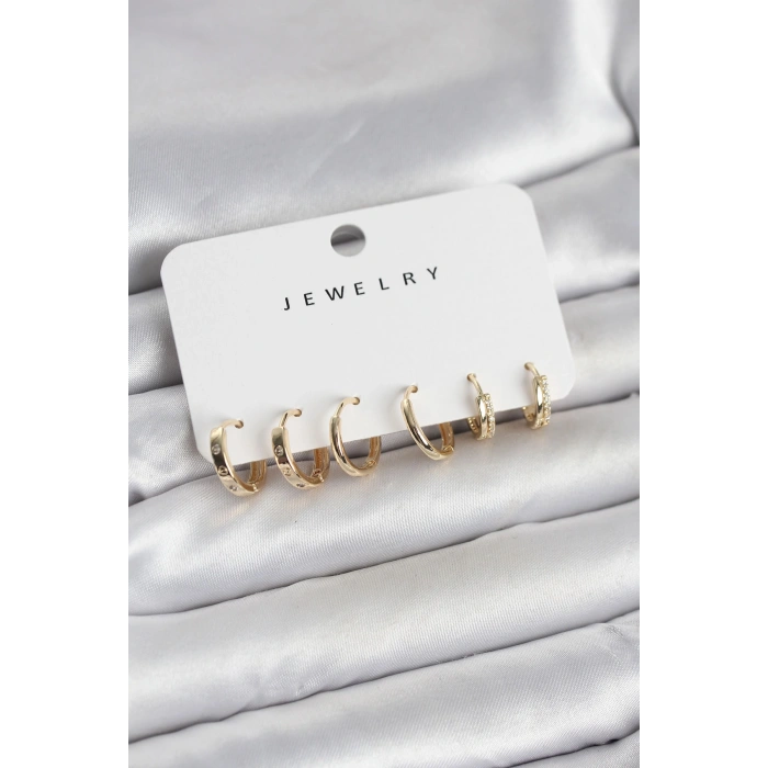 Gold Renk Pirinç 3 Çift Kadın Küpe Seti - TJ-BKP11644