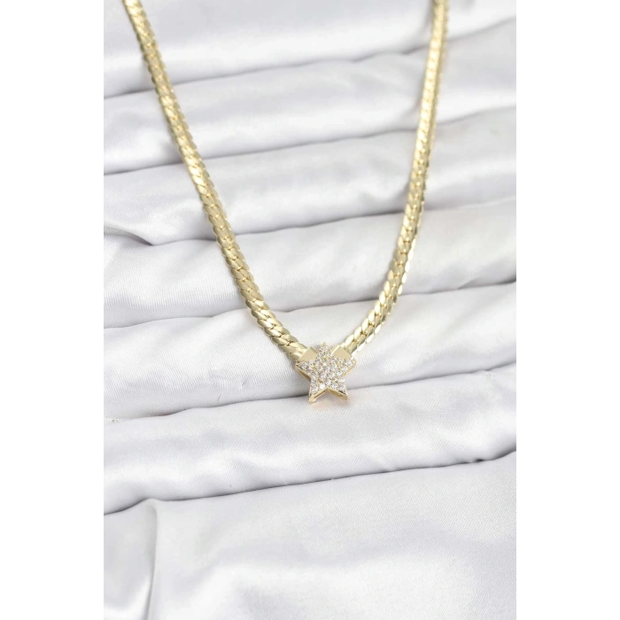 Gold Renk Pirinç Yıldız Zirkon Taşlı Kadın Kolye - TJ-BKO10793