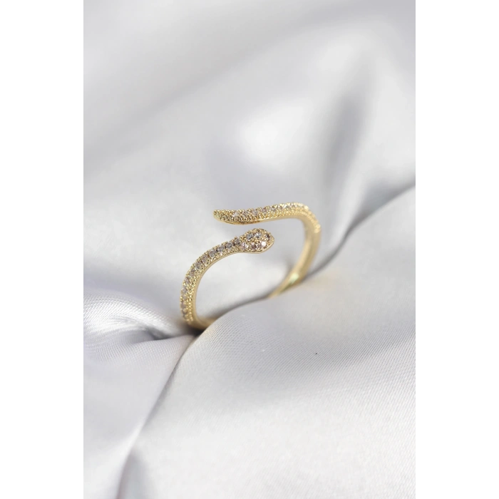Gold Renk Yılan Model Zirkon Taşlı Kadın Yüzük - TJ-BYK4072