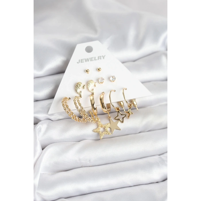 Gold Renk Yıldızlı Set 6 Çift Kadın Küpe Seti - TJ-BKP11320
