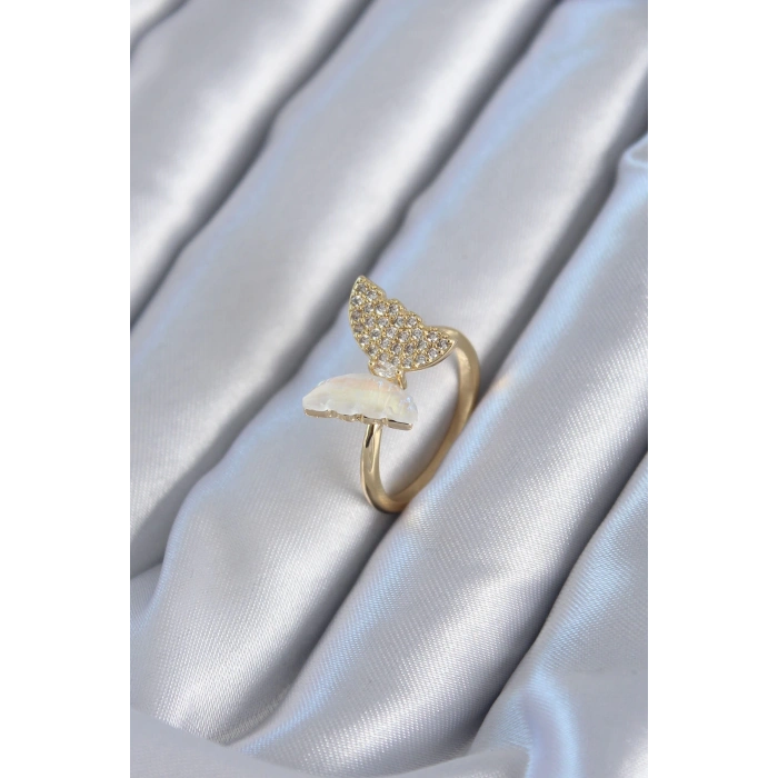 Gold Renk Zirkon Taş Detay Pirinç Kadın Yüzük - TJ-BYK2815