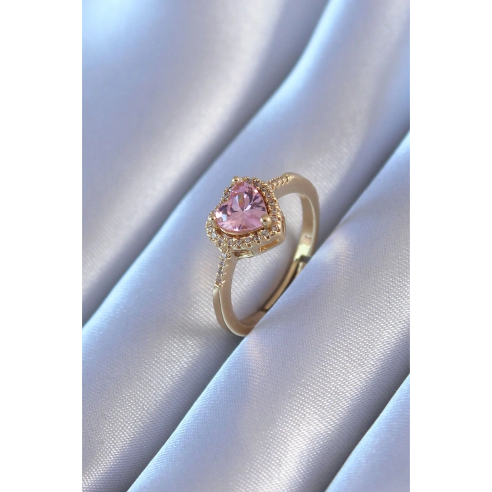 Gold Renk Zirkon Taşlı Kalp Model Pirinç Charm Kadın Yüzük - TJ-BYK2748