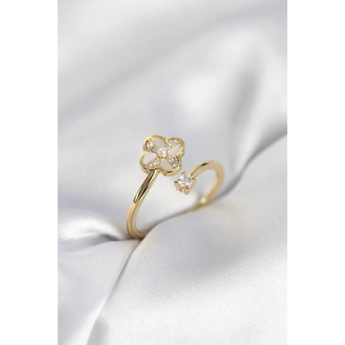 Gold Renk Zirkon Taşlı Yonca Model Kadın Yüzük - TJ-BYK4005