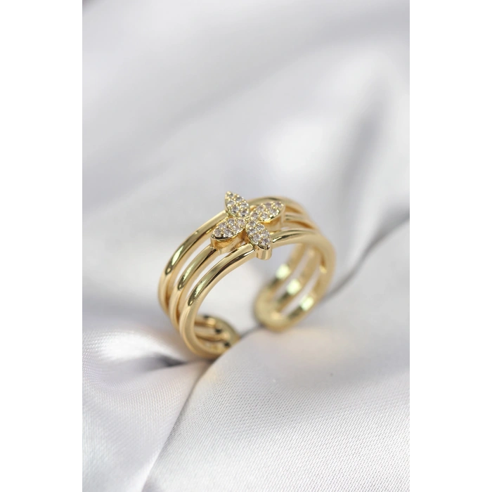 Gold Renk Zirkon Taşlı Yonca Model Kadın Yüzük - TJ-BYK4054