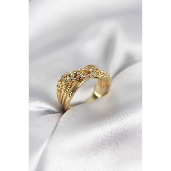 Gold Renk Zirkon Taşlı Zincir Model Kadın Yüzük - TJ-BYK3971
