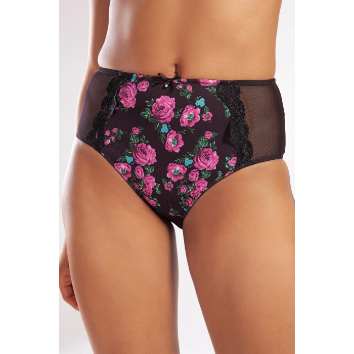 Golshan Gardenia Control Slip, Kadın Dantelli Çiçek Baskılı Siyah Yüksek Bel Külot