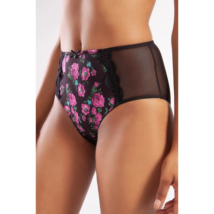 Golshan Gardenia Control Slip, Kadın Dantelli Çiçek Baskılı Siyah Yüksek Bel Külot