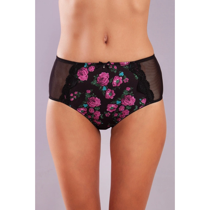 Golshan Gardenia Control Slip, Kadın Dantelli Çiçek Baskılı Siyah Yüksek Bel Külot
