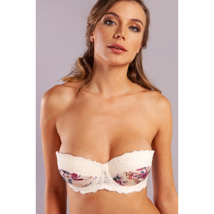 Golshan Gitana  Half Push Up Bra,Çiçekli Ekru Straplez Konforlu ve Şık Sütyen