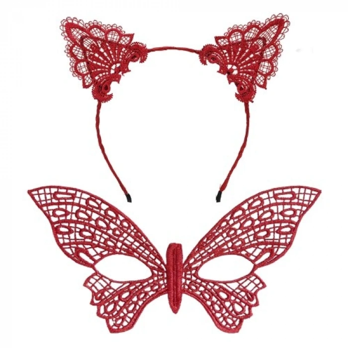 Gösterişli Kırmızı Dantel Maske ve Taç Seti 7 No – Masquerade ve Davetler için