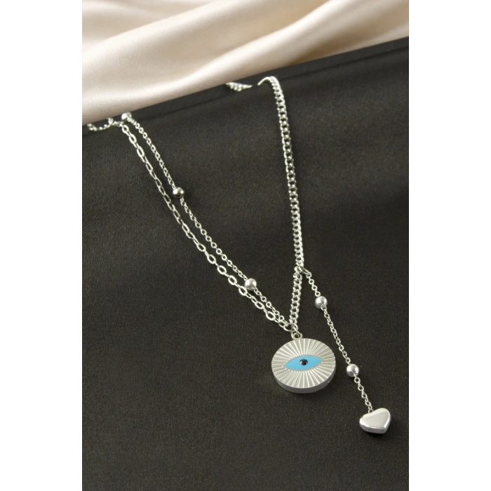 Göz Kalp Çelik İkili Kolye