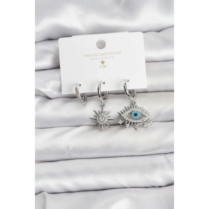 Göz Model Gümüş Renk Pirinç 3lü Kadın Küpe Seti - TJ-BKP11440