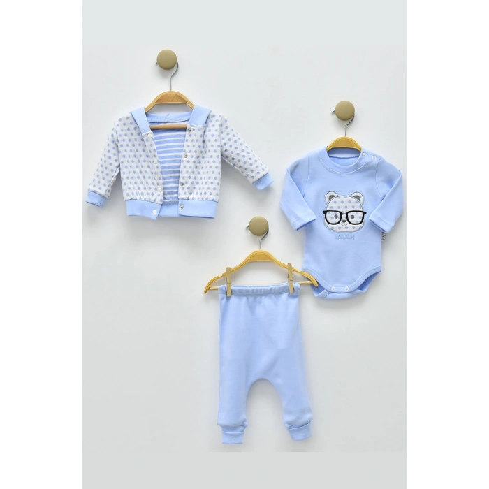 Gözlüklü Bear Puan Desenli 3lü Erkek Bebek Takımı