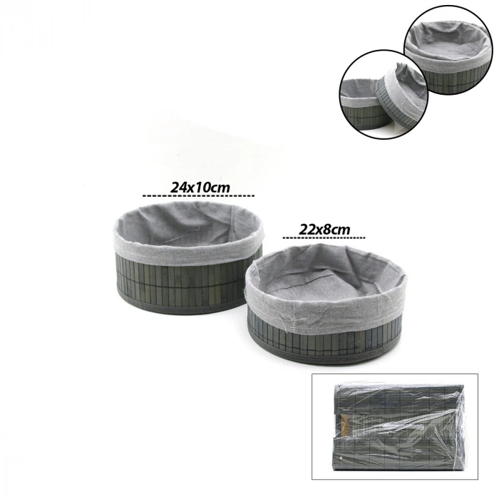 GRİ 2 BOY YUVARLAK BAMBU KENAR ORGANİZER SEPET AHŞAP ALTLIK - BEZLİ ÇAP=22X24CM (4887)