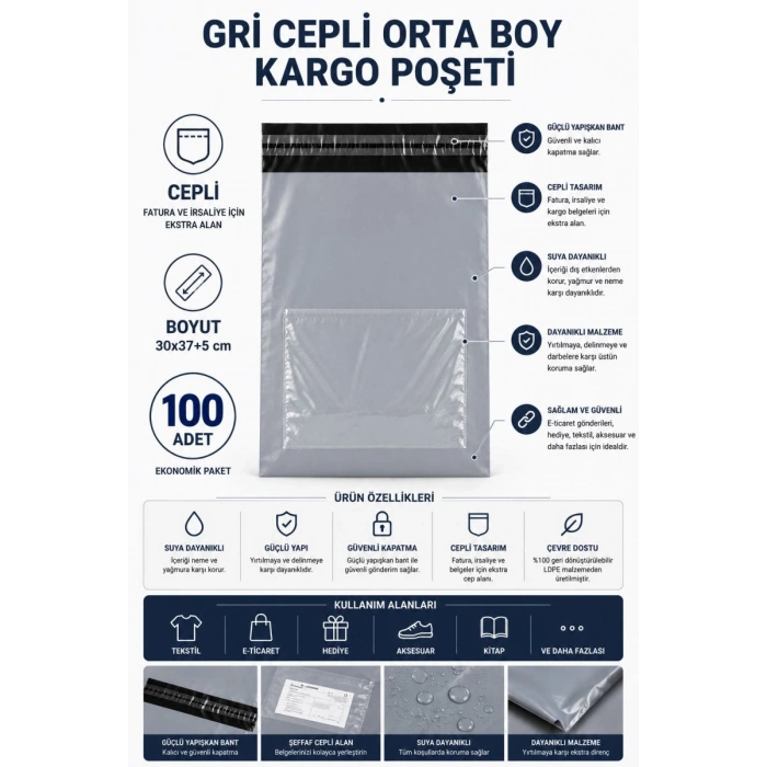 Gri Cepli Orta Boy Kargo Poşeti 30x37+5 Cm 100 Adet