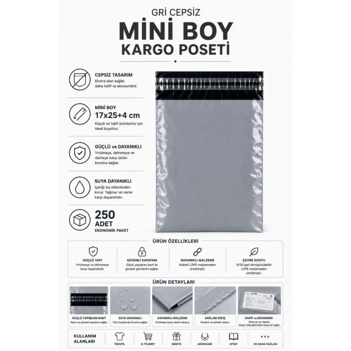 Gri Cepsiz Mini Boy Kargo Poşeti 17x25+4 Cm 250 Adet