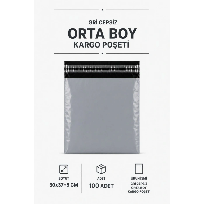 Gri Cepsiz Orta Boy Kargo Poşeti 30x37+5 Cm 100 Adet