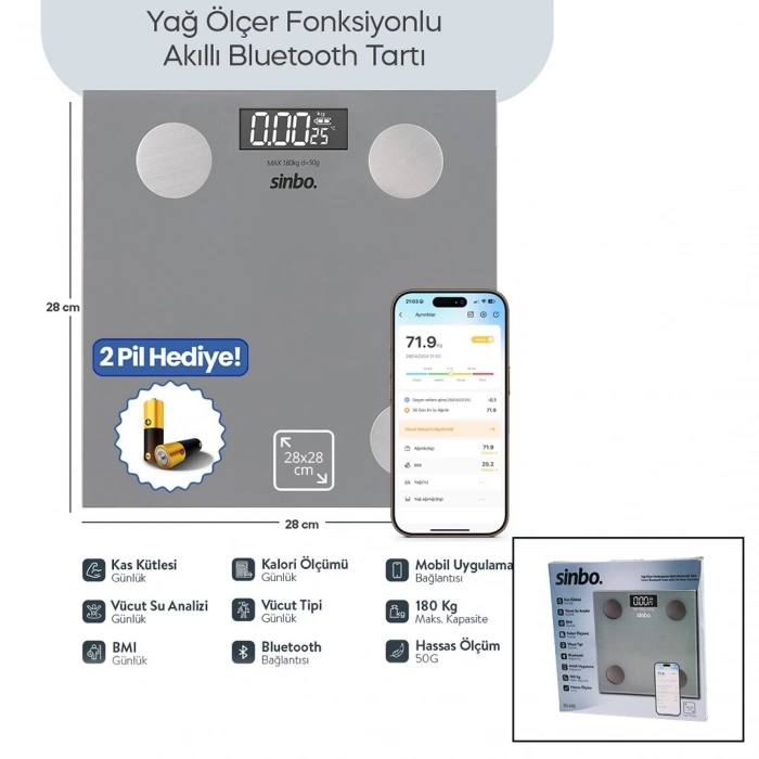 GRİ YAĞ ÖLÇER AKILLI BLUETOOTH CAM BASKÜL PİLLİ 180KG/50GR 28X28CM 8-KİŞİ HAFIZA LCD EKRAN ℃ GÖSTERGE SBS-4469 (4887)