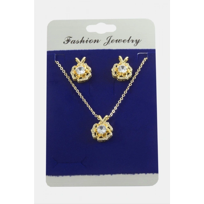 Gül Zirkon Taşlı Set Kolye