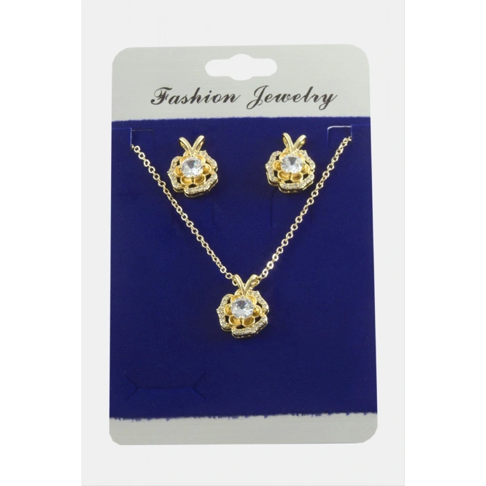 Gül Zirkon Taşlı Set Kolye