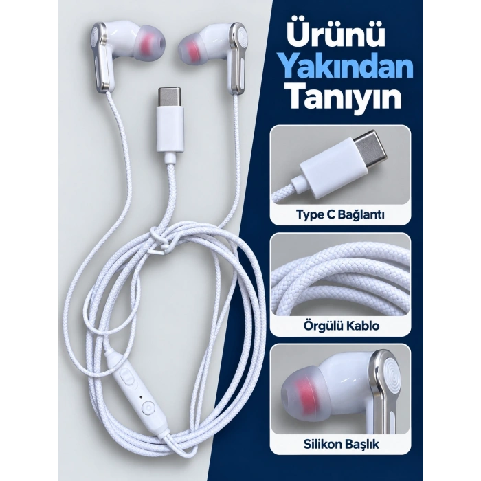 Gümüş Detaylı Silikon Başlıklı Type C Kablolu Kulaklık