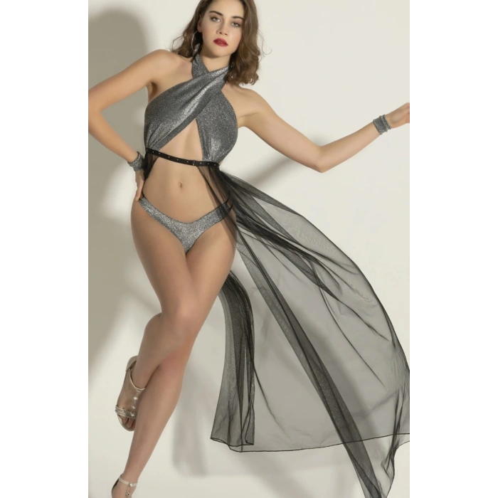 Gümüş Işıltılı Tül Detaylı Seksi Fantezi İç Giyim Seti,3 Parça Seksi Fantazi Kostüm