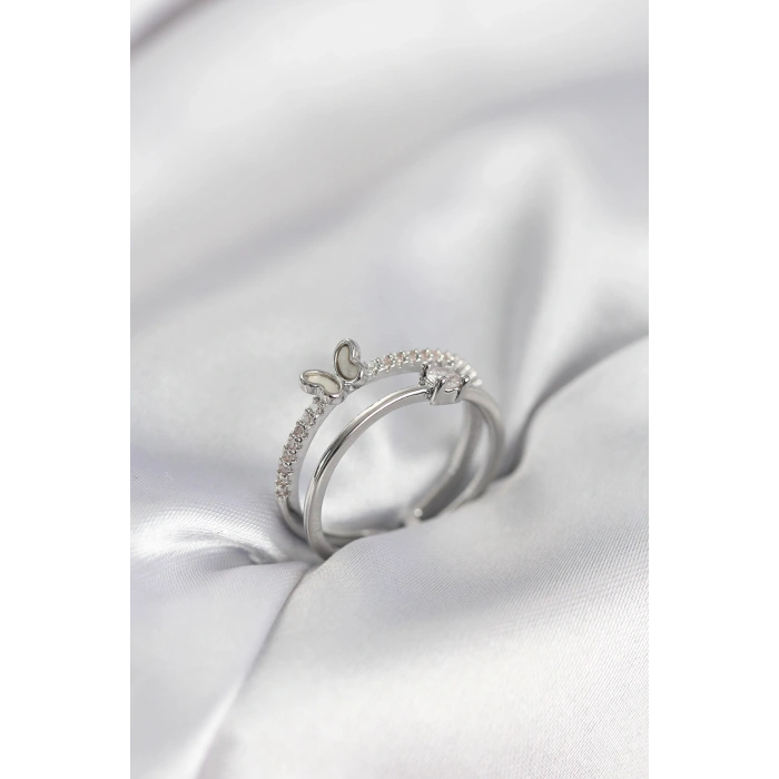Gümüş Renk 2li Zirkon Taşlı Kelebek Model Kadın Yüzük - TJ-BYK3978