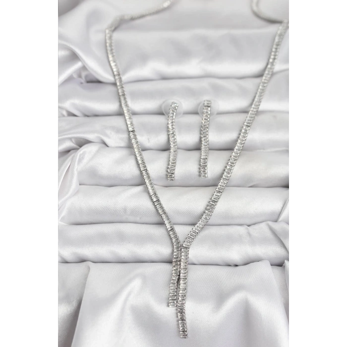 Gümüş Renk Baget Zirkon Taşlı Kadın Kolye Küpe Set - TJ-BKO10637