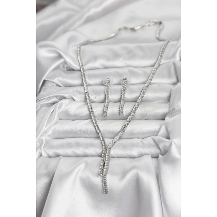 Gümüş Renk Baget Zirkon Taşlı Kadın Kolye Küpe Set - TJ-BKO10637