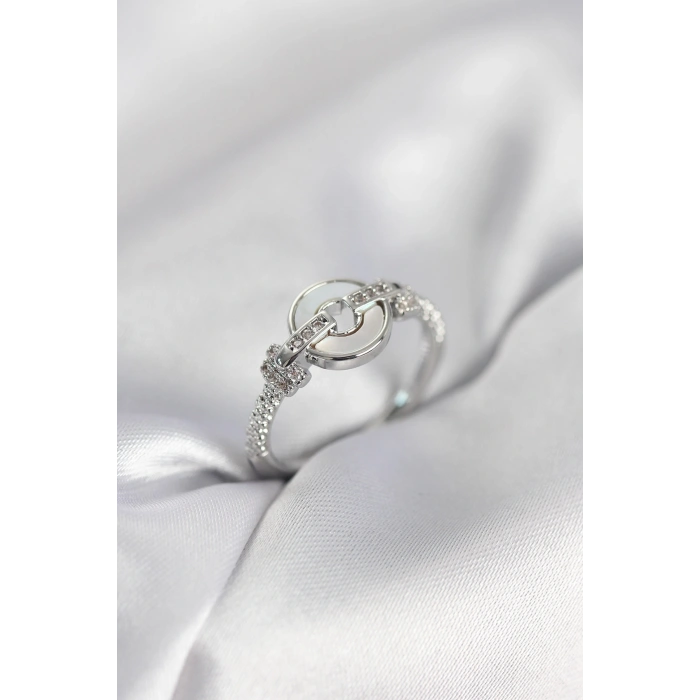 Gümüş Renk Daire Form Sedef ve Zirkon Taşlı Kadın Yüzük - TJ-BYK4004