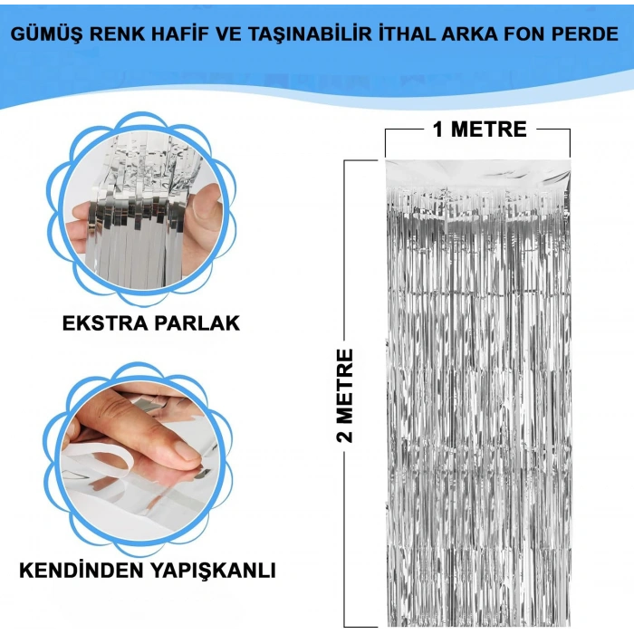 Gümüş Renk Ekstra Metalize Parlak Saçaklı Arka Fon Perde İthal A Kalite 1x2 Metre (4887)