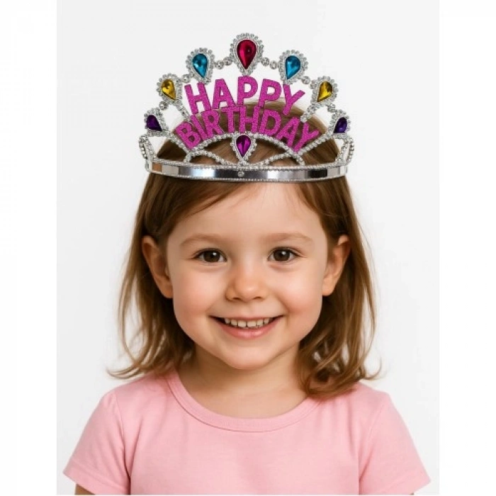 Gümüş Renk Happy Birthday Yazılı Doğum Günü Tacı 60 cm