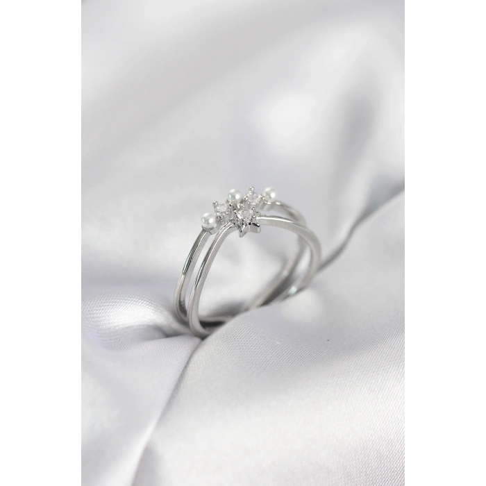 Gümüş Renk İncili Yıldız Model Zirkon Taşlı Kadın Yüzük - TJ-BYK4100