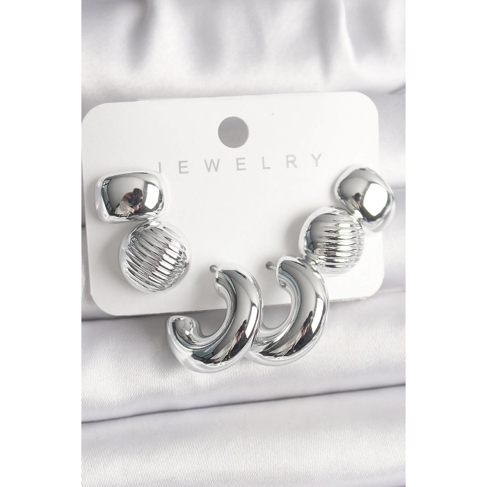 Gümüş Renk İşlemeli Daire Halka Model CCB Platik Kadın Küpe Seti - TJ-BKP10025