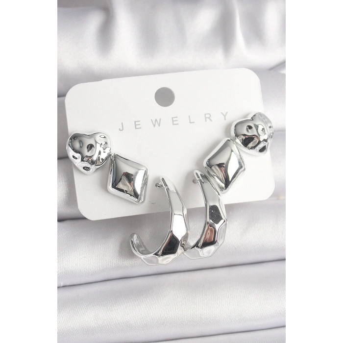 Gümüş Renk Kalp Halka Figür CCB Plastik Kadın Küpe Seti - TJ-BKP10019