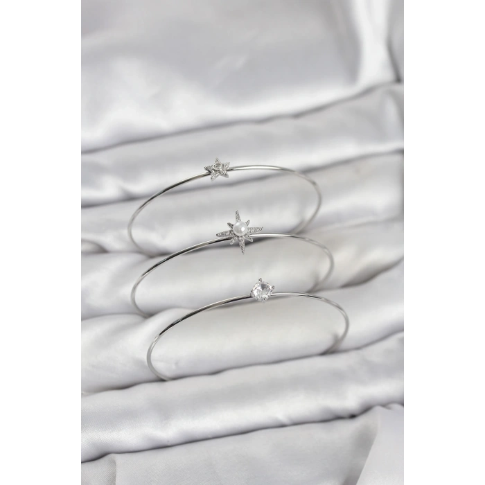 Gümüş Renk Kutup Yıldızı Model Zirkon Taşlı 3lü Kadın Bileklik Kombini - TJ-BB8346