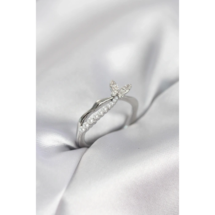 Gümüş Renk Kuyruklu Kelebek Model İncili Kadın Yüzük - TJ-BYK4091