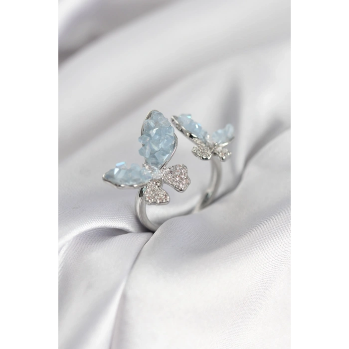 Gümüş Renk Mavi Kelebek Model Zirkon Taşlı Kadın Yüzük - TJ-BYK3945