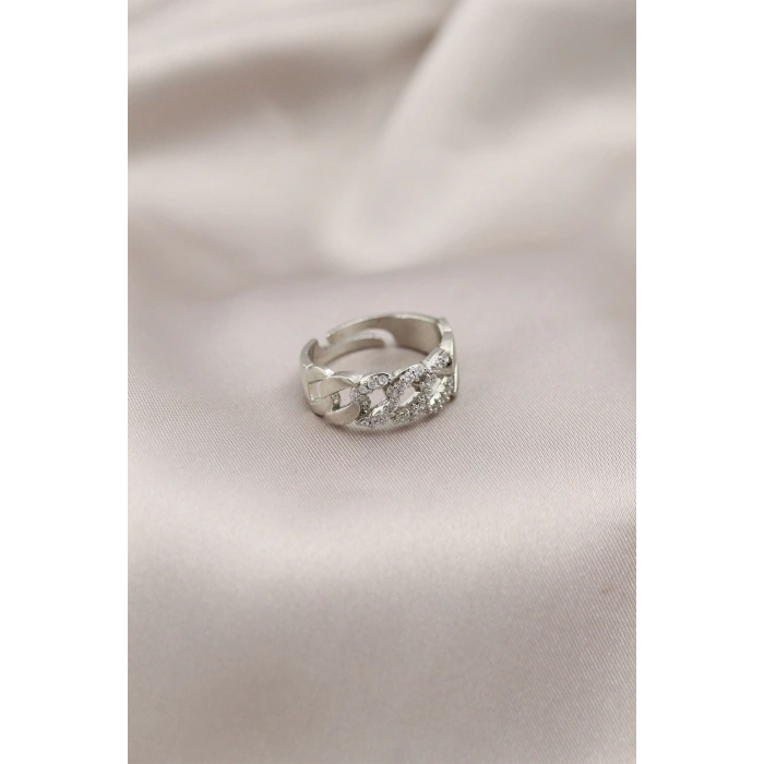 Gümüş Renk Metal Zincir Model Taşlı Kadın Yüzük - TJ-BYK2200